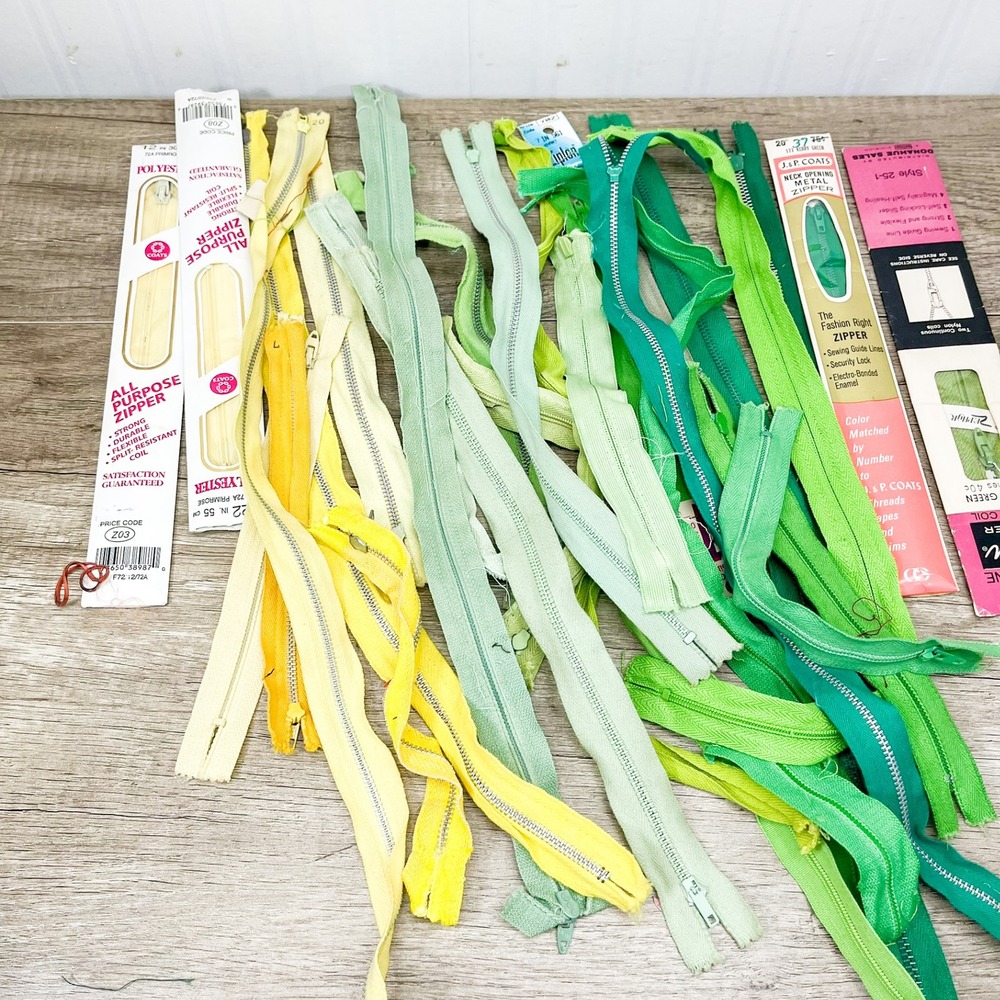 Vintage Mixed Zipper Lot Green Yellow Coats Clark Talon YKK Metal Nylon Coil
